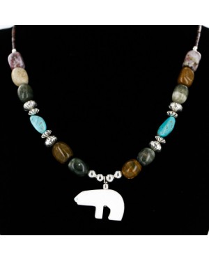 Carved Bear Certified Authentic Navajo .925 Sterling Silver Agate Turquoise Native American Necklace 750177 Carved Bear Certified Authentic Navajo .925 Sterling Silver Agate Turquoise Native American Necklace 750177