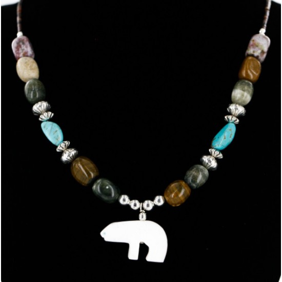Carved Bear Certified Authentic Navajo .925 Sterling Silver Agate Turquoise Native American Necklace 750177