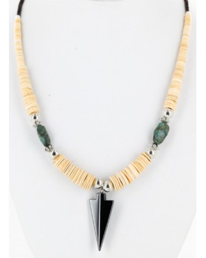 Certified Authentic Navajo .925 Sterling Silver Graduated Melon Shell Turquoise and Hematite Native American Necklace 25244