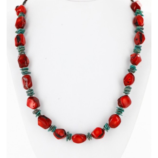 Certified Authentic Navajo .925 Sterling Silver Natural Turquoise Coral Native American Necklace 15998