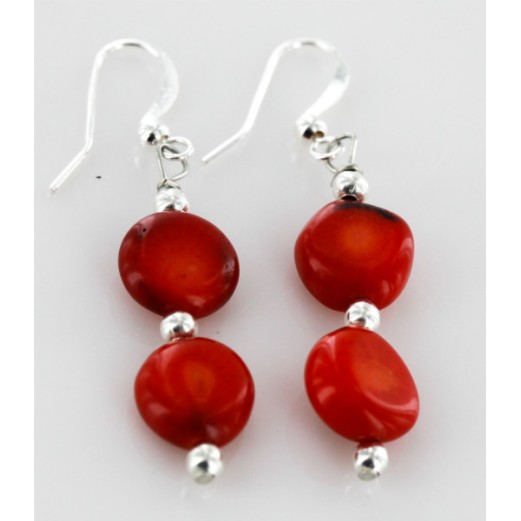 Certified Authentic Navajo .925 Sterling Silver Hooks Natural Coral Disks Native American Earrings 18073
