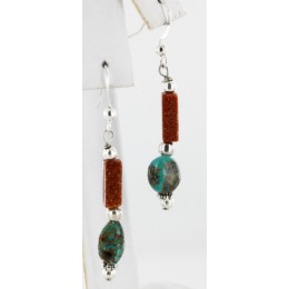 Certified Authentic Navajo .925 Sterling Silver Hooks Natural Turquoise and Goldstone Native American Earrings 18074
