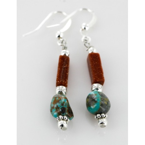 Certified Authentic Navajo .925 Sterling Silver Hooks Natural Turquoise and Goldstone Native American Earrings 18074