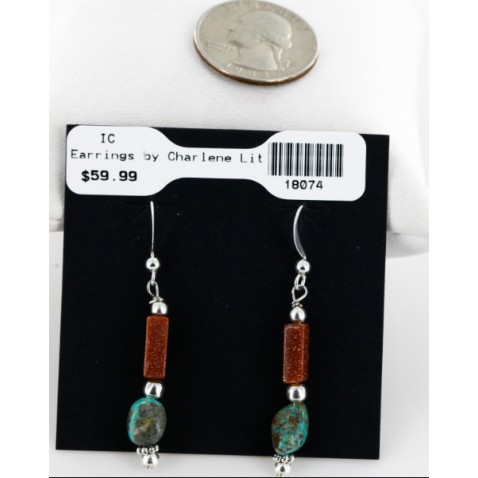 Certified Authentic Navajo .925 Sterling Silver Hooks Natural Turquoise and Goldstone Native American Earrings 18074