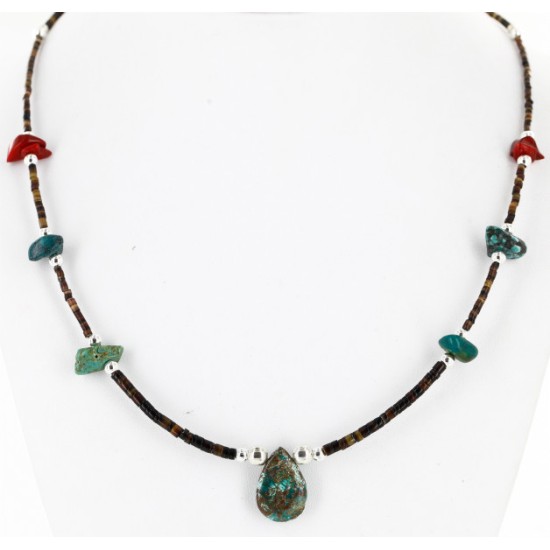 Certified Authentic Navajo .925 Sterling Silver Natural Turquoise and Coral Native American Necklace 750173