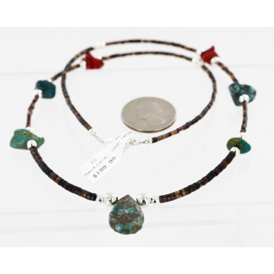 Certified Authentic Navajo .925 Sterling Silver Natural Turquoise and Coral Native American Necklace 750173