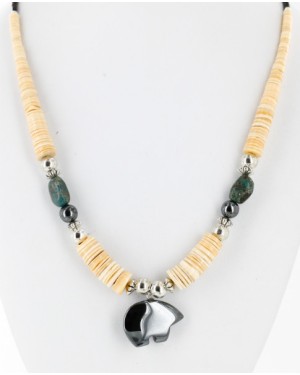 Certified Authentic Bear Navajo Native .925 Sterling Silver Graduated Heishi Turquoise and Hematite Native American Necklace 25245