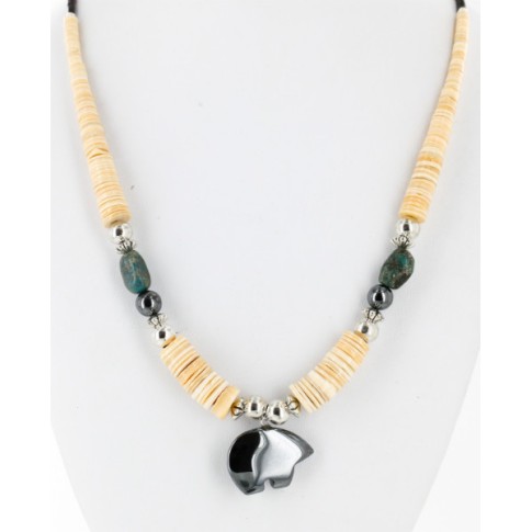 Certified Authentic Bear Navajo Native .925 Sterling Silver Graduated Heishi Turquoise and Hematite Native American Necklace 25245