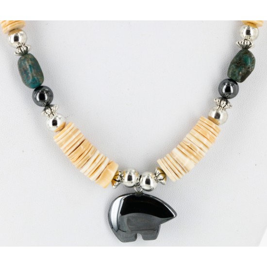 Certified Authentic Bear Navajo Native .925 Sterling Silver Graduated Heishi Turquoise and Hematite Native American Necklace 25245