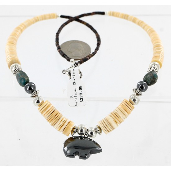 Certified Authentic Bear Navajo Native .925 Sterling Silver Graduated Heishi Turquoise and Hematite Native American Necklace 25245
