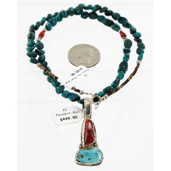 Handmade Certified Authentic Navajo .925 Sterling Silver Natural Turquoise and Spiny Oyster Native American Necklace 15923 Handmade Certified Authentic Navajo .925 Sterling Silver Natural Turquoise and Spiny Oyster Native American Necklace 15923