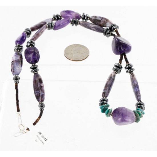 Certified Authentic Navajo .925 Sterling Silver Natural PURPLE AGATE AMETHYST TURQUOISE AND HEMATITE Native American Necklace 16001