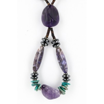 Certified Authentic Navajo .925 Sterling Silver Natural PURPLE AGATE AMETHYST TURQUOISE AND HEMATITE Native American Necklace 16001