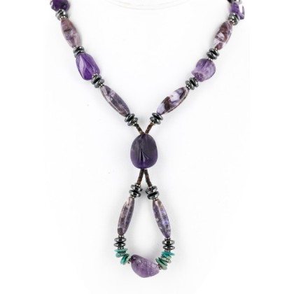Certified Authentic Navajo .925 Sterling Silver Natural PURPLE AGATE AMETHYST TURQUOISE AND HEMATITE Native American Necklace 16001