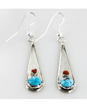 $180 Certified Authentic Navajo .925 Sterling Silver Natural Turquoise Coral Native American Earrings 18079-3