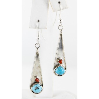 $180 Certified Authentic Navajo .925 Sterling Silver Natural Turquoise Coral Native American Earrings 18079-3