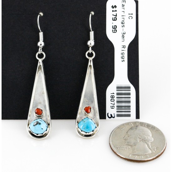 $180 Certified Authentic Navajo .925 Sterling Silver Natural Turquoise Coral Native American Earrings 18079-3
