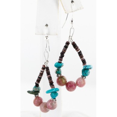 Certified Authentic Navajo .925 Sterling Silver Hooks Natural Turquoise Pink Agate HEISHI HOOP Native American Earrings 18081-2