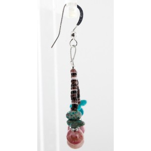 Certified Authentic Navajo .925 Sterling Silver Hooks Natural Turquoise Pink Agate HEISHI HOOP Native American Earrings 18081-2