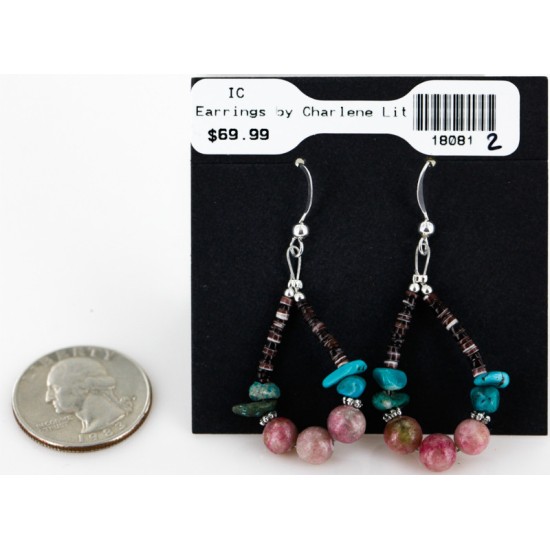 Certified Authentic Navajo .925 Sterling Silver Hooks Natural Turquoise Pink Agate HEISHI HOOP Native American Earrings 18081-2