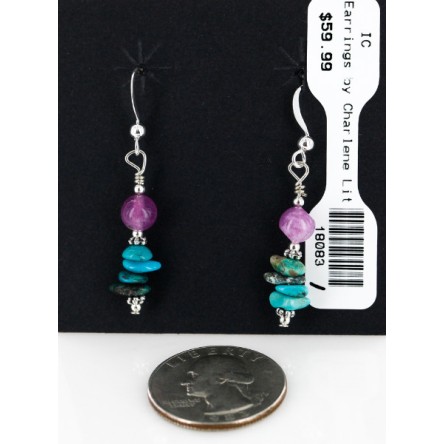 Certified Authentic Navajo .925 Sterling Silver Hooks Natural Turquoise and Purple Quartz Native American Earrings 18083-1