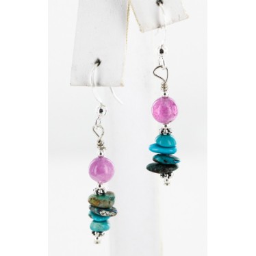 Certified Authentic Navajo .925 Sterling Silver Hooks Natural Turquoise and Purple Quartz Native American Earrings 18083-1