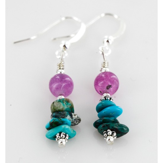 Certified Authentic Navajo .925 Sterling Silver Hooks Natural Turquoise and Purple Quartz Native American Earrings 18083-1