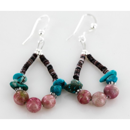 Certified Authentic Navajo .925 Sterling Silver Hooks Natural Turquoise Pink Agate HEISHI HOOP Native American Earrings 18081-2