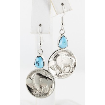 Vintage Style OLD Buffalo Coin Certified Authentic Navajo .925 Sterling Silver Turquoise Native American Earrings 18077-1