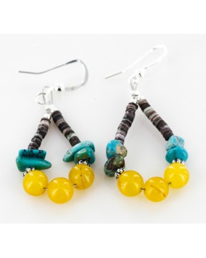 Certified Authentic Navajo .925 Sterling Silver Hooks Natural Turquoise Agate Heishi HOOP Native American Earrings 18081-1