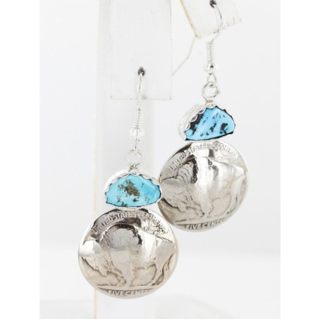 Vintage Style OLD Buffalo Coin Certified Authentic Navajo .925 Sterling Silver Turquoise Native American Earrings 18077-2