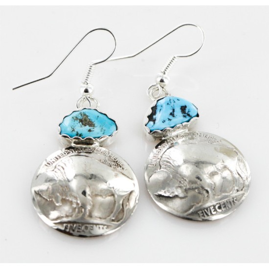 Vintage Style OLD Buffalo Coin Certified Authentic Navajo .925 Sterling Silver Turquoise Native American Earrings 18077-2