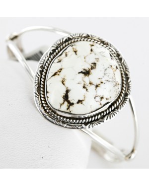 Handmade Certified Authentic Navajo .925 Sterling Silver WHITE Buffalo Turquoise Native American Bracelet 12656