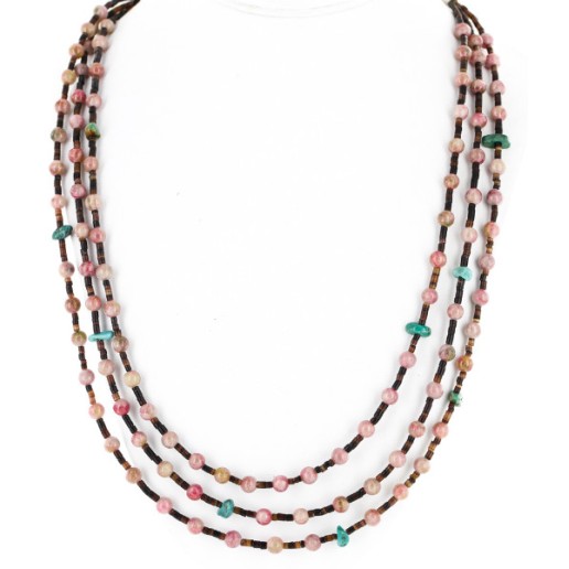 Certified Authentic 3 Strand Navajo .925 Sterling Silver Natural Turquoise Pink Agate and Heishi Native American Necklace 25246-4