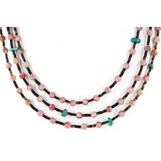 Certified Authentic 3 Strand Navajo .925 Sterling Silver Natural Turquoise Pink Agate and Heishi Native American Necklace 25246-4