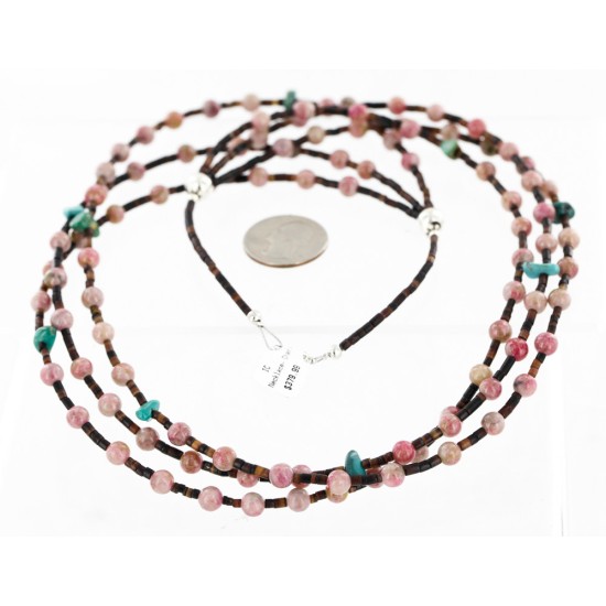 Certified Authentic 3 Strand Navajo .925 Sterling Silver Natural Turquoise Pink Agate and Heishi Native American Necklace 25246-4
