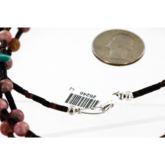 Certified Authentic 3 Strand Navajo .925 Sterling Silver Natural Turquoise Pink Agate and Heishi Native American Necklace 25246-4