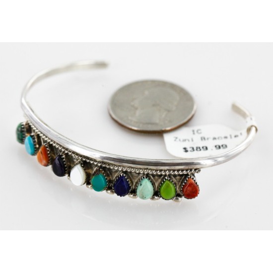 Petit Point Handmade Certified Authentic Zuni .925 Sterling Silver Multicolor Turquoise Native American Bracelet 12611