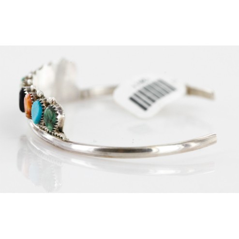 Petit Point Handmade Certified Authentic Zuni .925 Sterling Silver Multicolor Turquoise Native American Bracelet 12611