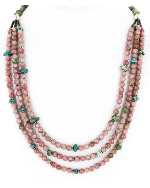 Certified Authentic 3 Strand Navajo .925 Sterling Silver Natural Turquoise Pink Agate Native American Necklace 25246-3