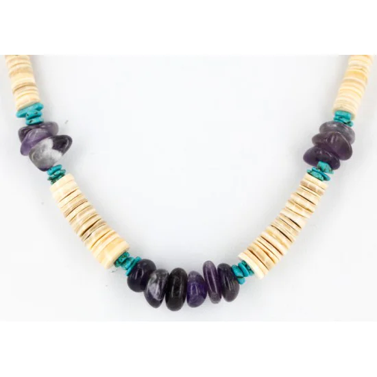 Navajo .925 Sterling Silver Graduated Melon Shell Turquoise and Amethyst Native American Necklace 25249-2 Navajo .925 Sterling Silver Graduated Melon Shell Turquoise and Amethyst Native American Necklace 25249-2