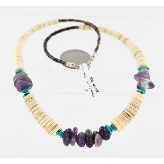 Navajo .925 Sterling Silver Graduated Melon Shell Turquoise and Amethyst Native American Necklace 25249-2 Navajo .925 Sterling Silver Graduated Melon Shell Turquoise and Amethyst Native American Necklace 25249-2