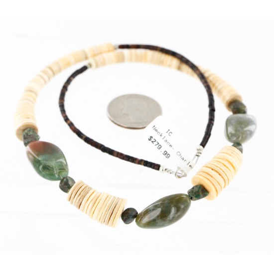 Certified Authentic Navajo .925 Sterling Silver Graduated Melon Shell Agate and Turquoise Native American Necklace 25249-1