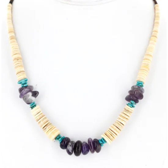 Navajo .925 Sterling Silver Graduated Melon Shell Turquoise and Amethyst Native American Necklace 25249-2 Navajo .925 Sterling Silver Graduated Melon Shell Turquoise and Amethyst Native American Necklace 25249-2