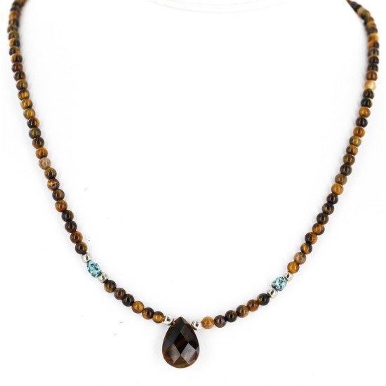Certified Authentic Navajo .925 Sterling Silver Natural Turquoise Tigers Eye Native American Necklace 25231-23