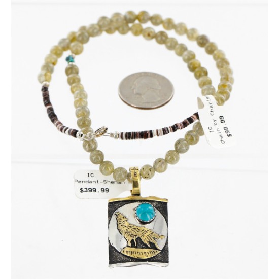 12kt Gold Filled .925 Sterling Silver Handmade Wolf And Moon Certified Authentic Navajo Turquoise and Quartz Native American Necklace 24344-4
