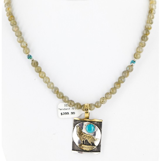 12kt Gold Filled .925 Sterling Silver Handmade Wolf And Moon Certified Authentic Navajo Turquoise and Quartz Native American Necklace 24344-4