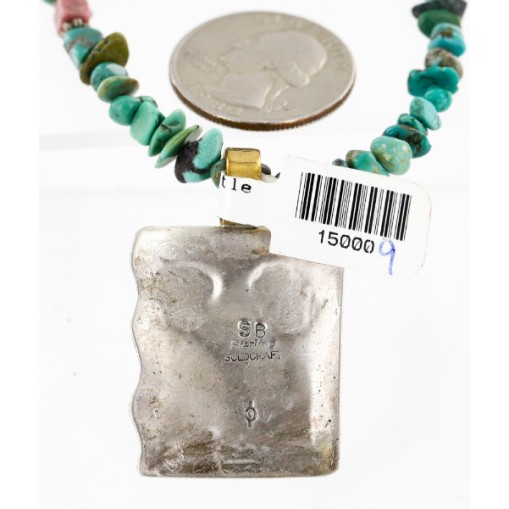 $590 12kt Gold Filled And .925 Sterling Silver Handmade KOKOPELI Certified Authentic Navajo Natural Turquoise Native American Necklace 15000-9