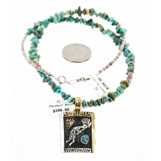 $590 12kt Gold Filled And .925 Sterling Silver Handmade KOKOPELI Certified Authentic Navajo Natural Turquoise Native American Necklace 15000-9