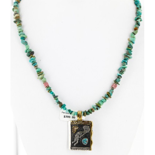 $590 12kt Gold Filled And .925 Sterling Silver Handmade KOKOPELI Certified Authentic Navajo Natural Turquoise Native American Necklace 15000-9